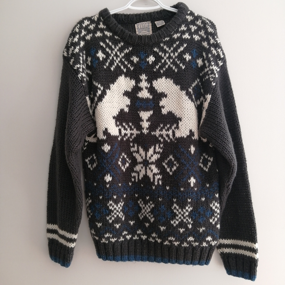 Vintage Estate Men's Polar Bear Knit Gray and White Sweater Medium Unisex Cabin